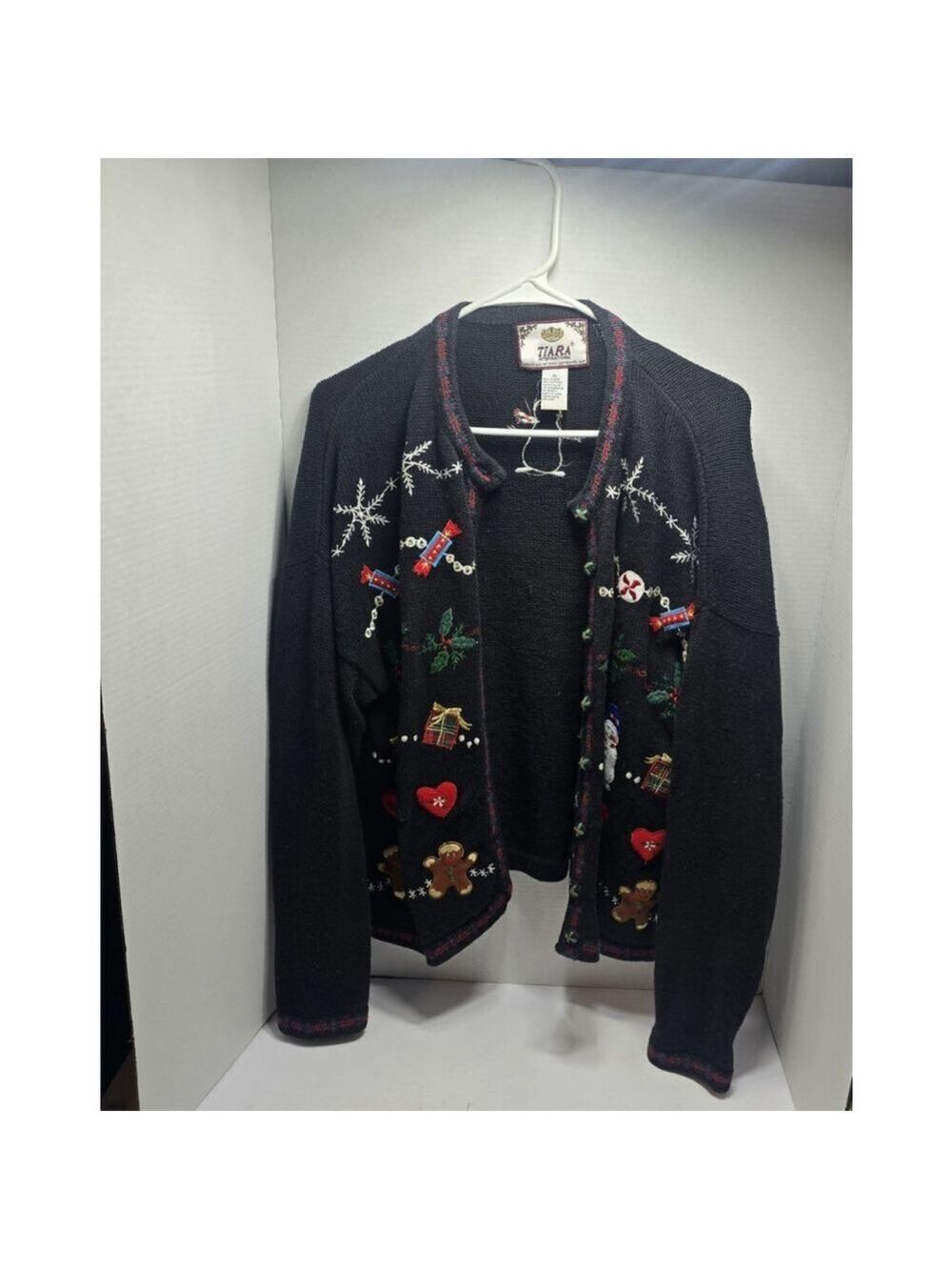 Vtg Tiara XL Not Ugly Christmas Cardigan Sweater Black Embroidered Beaded